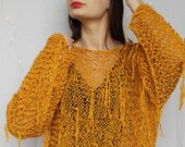 Loose knit sweater Hand knitted women Fringe Mustard brown Slouchy tunic Chunky knit Long sweater One size