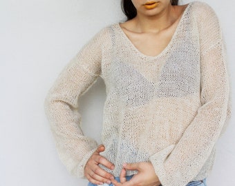 V neck sweater hand knit jumper mohair wool sweater women's knit jumper knit wool sweater hand knitted lightweight sheer soft thin pullover