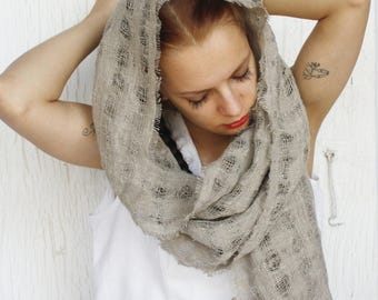 Natural linen scarf sheer distressed fringed rustic primitive shoulder wrap shawl long neck scarf pure linen head covering