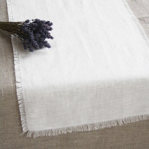 Off white linen table runner Wedding table runner Table runner with fringes