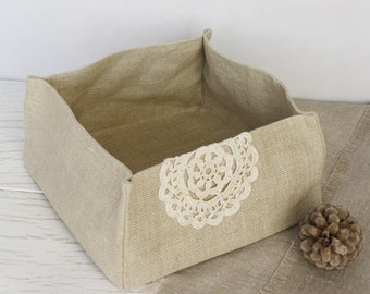 French bread basket linen basket bin storage basket bin natural linen rough grain sack thick rustic burlap fabric square bin