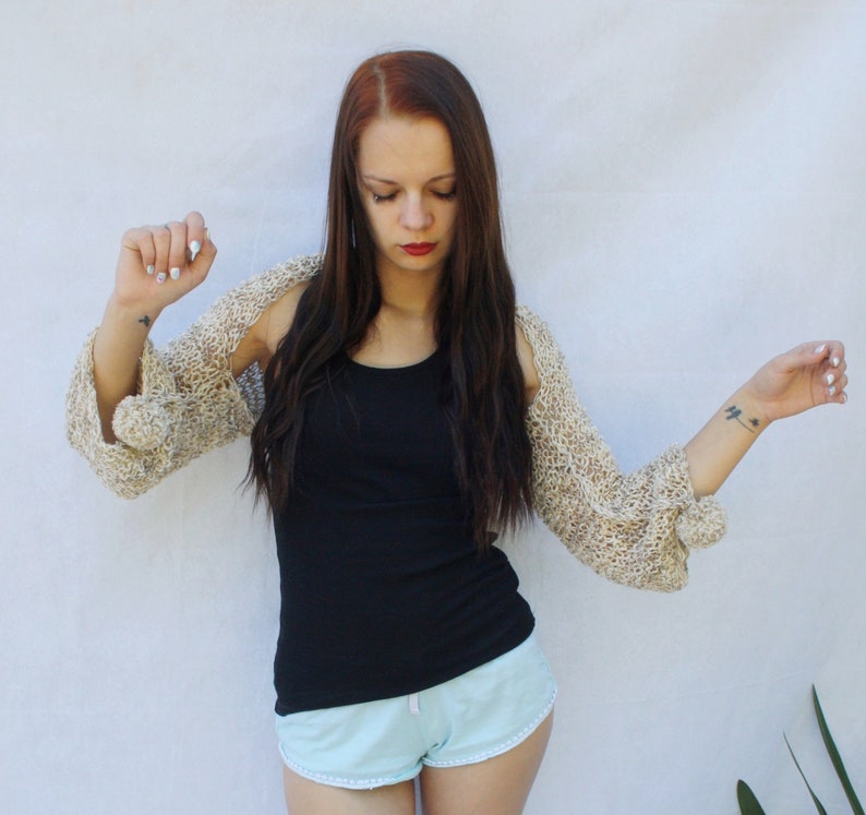 Hand knit women shrug Chunky loose Knitted Linen cotton summer Bolero cover up with pom pom