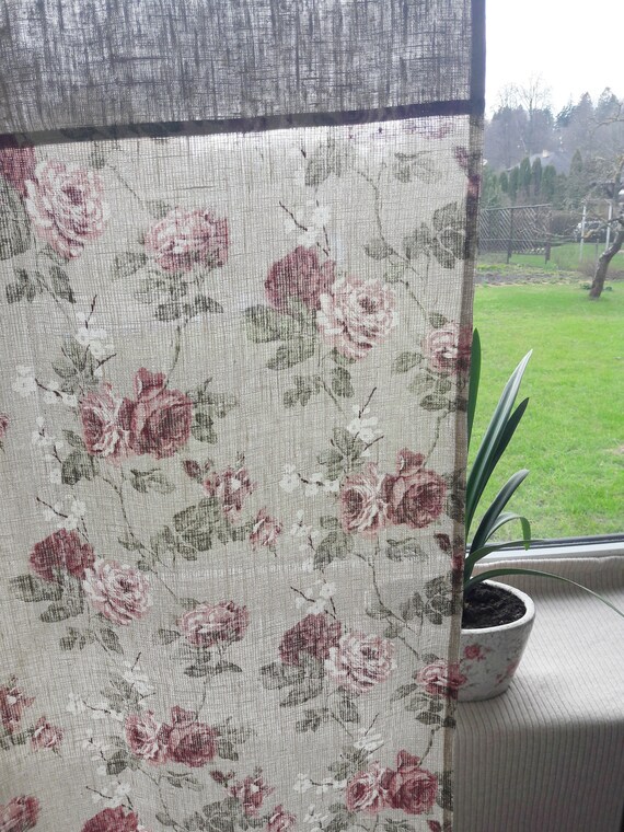 Linen Curtains Window Roses Floral Natural Linen Burlap Drapes Etsy