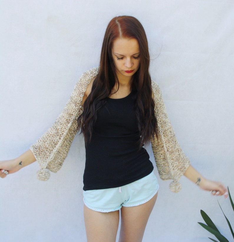 Hand knit women shrug Chunky loose Knitted Linen cotton summer Bolero cover up with pom pom