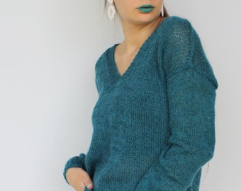 V neck sweater shiny mohair wool knit women&#39;s sweater petrol blue teal knitted pullover green jumper cozy warm knitwear custom size sweater