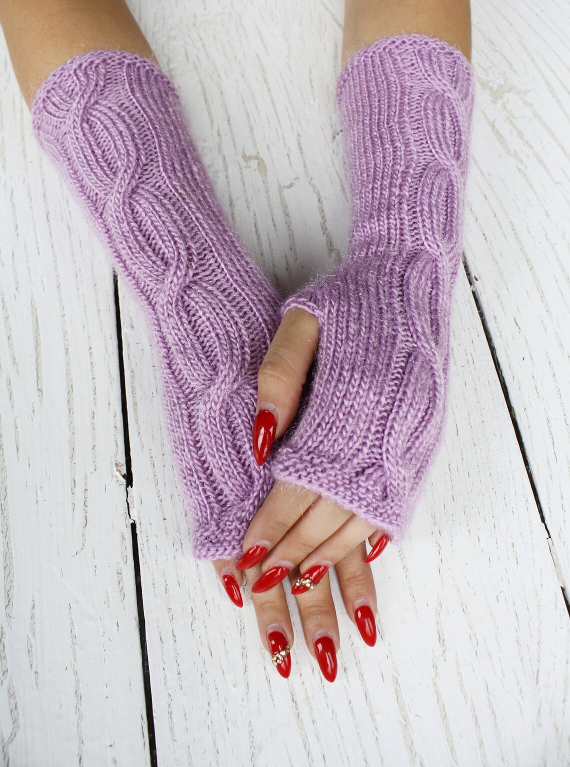 Knitted wool gloves long lilac winter fingerless gloves Etsy