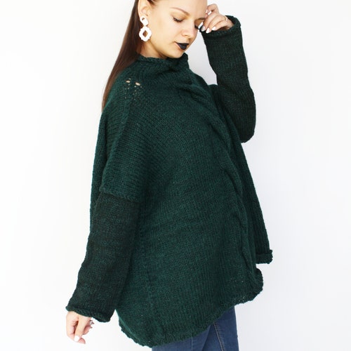 Women's knit sweater cable knit slouchy oversize pullover knitted cozy jumper hand knit thick emerald wool sweater shops