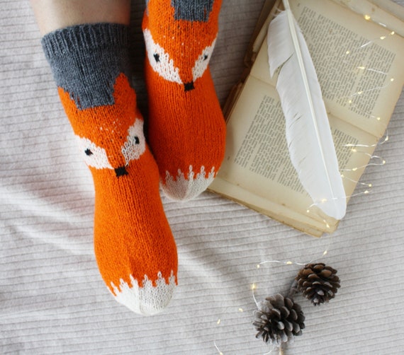 Cute wool socks fox knit socks orange hand knitted forest | Etsy