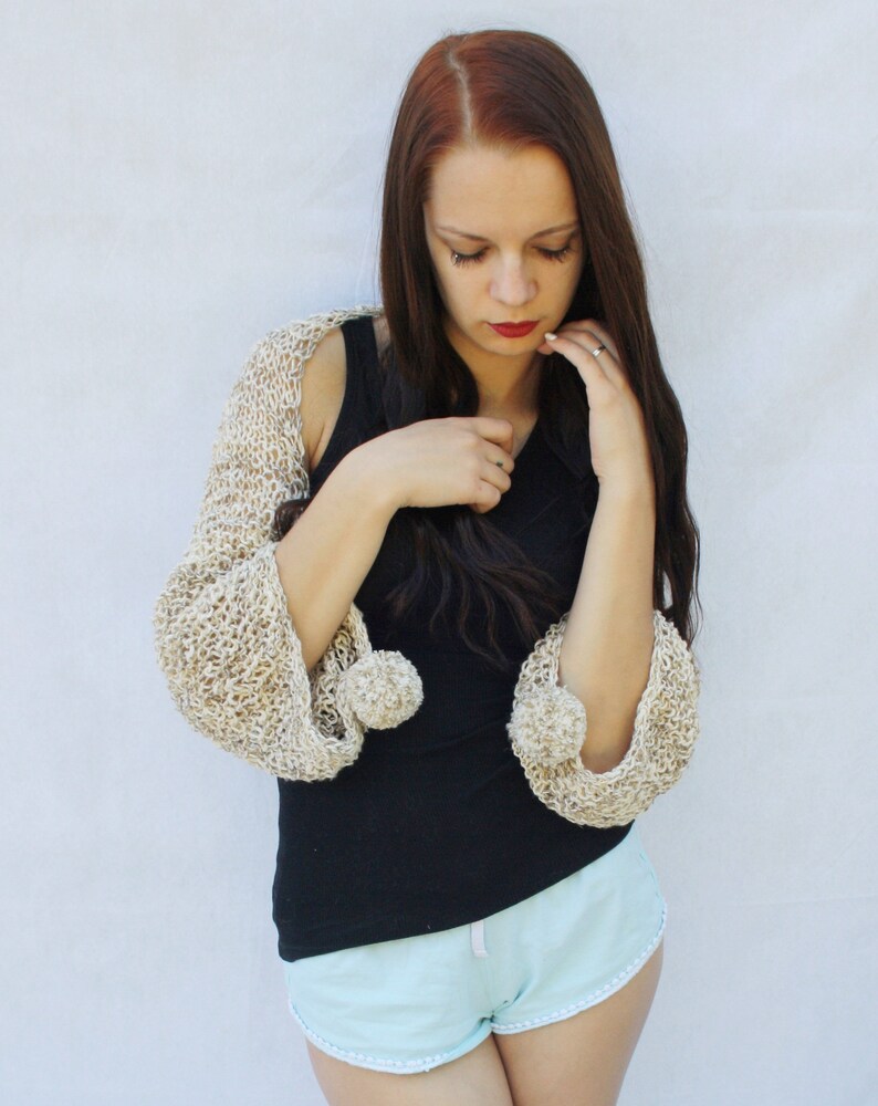 Hand knit women shrug Chunky loose Knitted Linen cotton summer Bolero cover up with pom pom