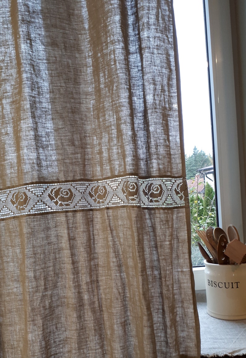 Rustic Farmhouse Curtains French Lace Roses Linen Extra Long Etsy
