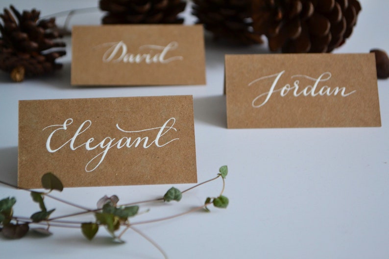 Kraft Card White Ink Handwritten Calligraphy Place Card for Wedding