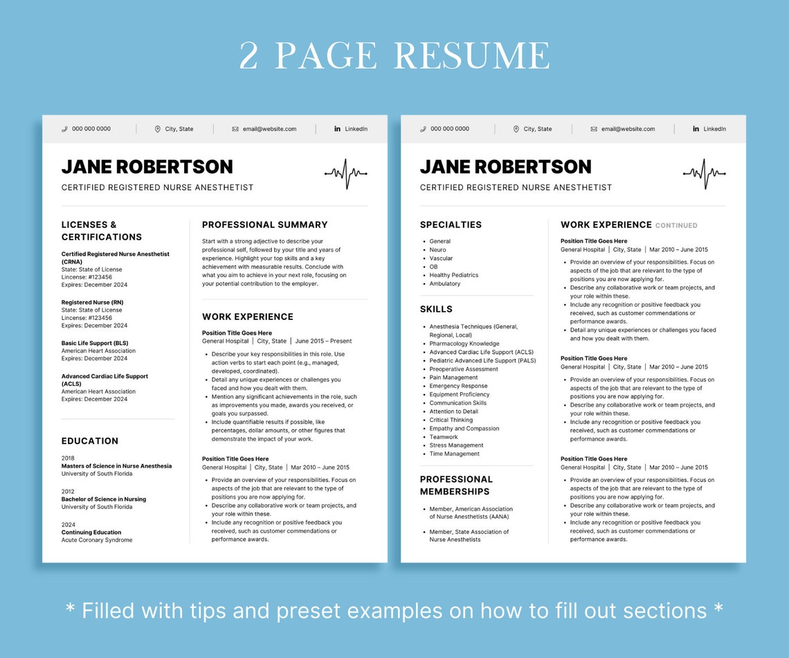 Nurse Resume Template Bundle, CRNA Resume Template, Registered Nurse