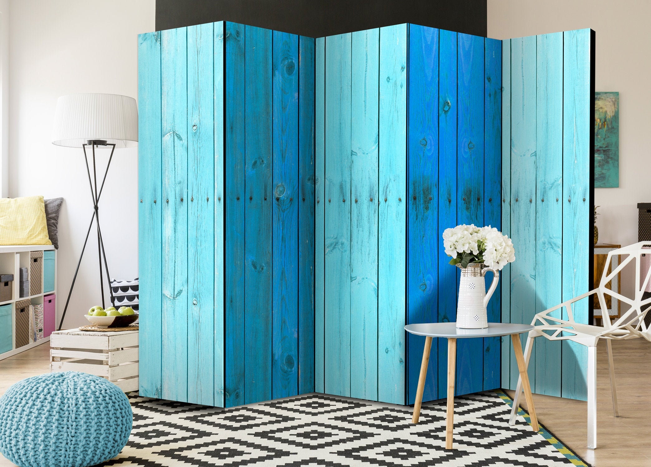 Room Divider Folding Screen 3 & 5 Panels Two Sided Blue Etsy UK