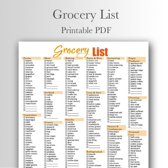Grocery List Checkmark Printable PDF Instant Download Etsy