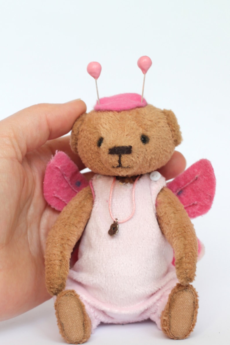 Mini teddy Small bear plush doll New Baby doll Babyshower present idea Girls room decor Unique teddy butterfly Movable paws Palm size