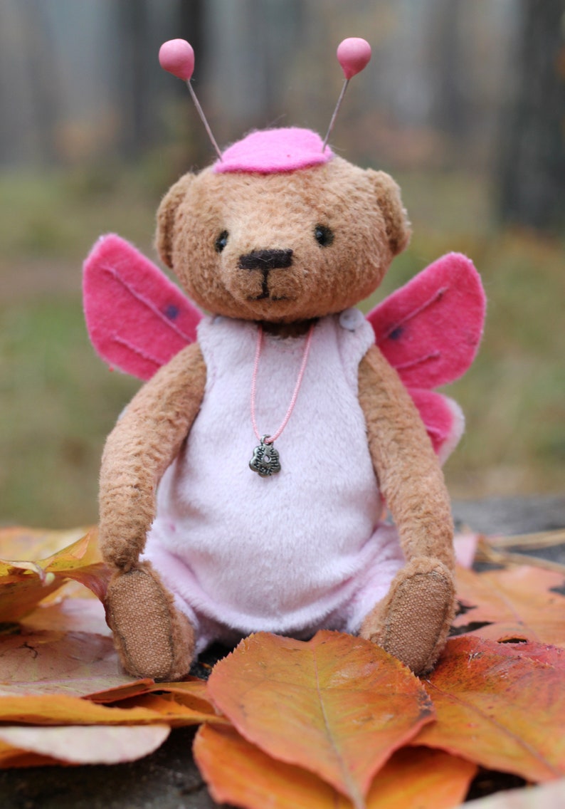 Mini teddy Small bear plush doll New Baby doll Babyshower present idea Girls room decor Unique teddy butterfly Movable paws Palm size