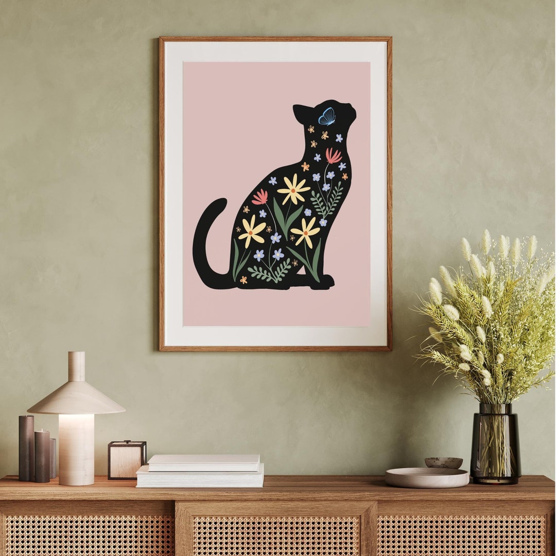 Floral Cat Art Print Abstract Cat Botanical Wall Art for Modern Decor ...