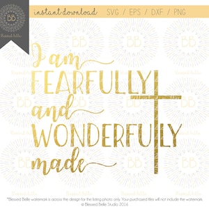 May include: Gold glitter design with the text "I am fearfully and wonderfully made" and a cross. The design is surrounded by a pattern of white and purple fireworks.