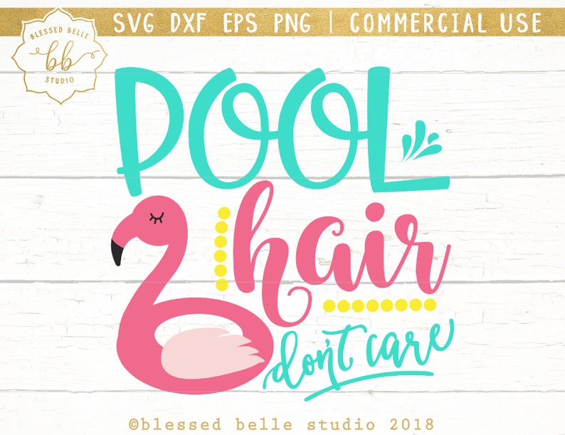 May include: Pink flamingo pool float with the text "Pool hair don't care" in turquoise and yellow.