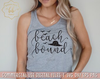 Könnte beinhalten: Ein graues Tanktop mit dem Text "beach bound" in schwarzer Schrift. Der Text ist mit einem schwarzen Sonnenhut und fliegenden Vögeln verziert.