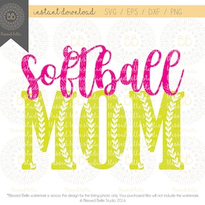 Op de afbeelding: Een digitaal ontwerpbestand voor een softball-mama-afbeelding. Het ontwerp bevat de woorden "Softball Mom" in roze en geel met een wit bloemenpatroon.