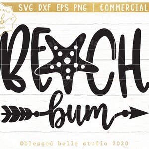 May include: Black and white graphic design with the text "Beach Bum" and a stylized starfish. An arrow points to the left and right of the text.