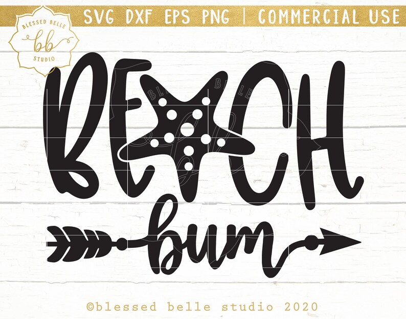 May include: Black and white graphic design with the text "Beach Bum" and a stylized starfish. An arrow points to the left and right of the text.