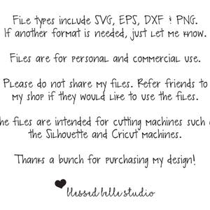 Puede incluir: Texto sobre un fondo blanco que dice: "Los tipos de archivo incluyen SVG, EPS, DXF y PNG. Si necesita otro formato, h&aacute;gamelo saber. Los archivos son para uso personal y comercial. Por favor, no comparta mis archivos. Recomiende mis archivos a sus amigos si desean usarlos. Los archivos est&aacute;n destinados a m&aacute;quinas de corte como las m&aacute;quinas Silhouette y Cricut. &iexcl;Muchas gracias por comprar mi dise&ntilde;o! Blessed belle studio"