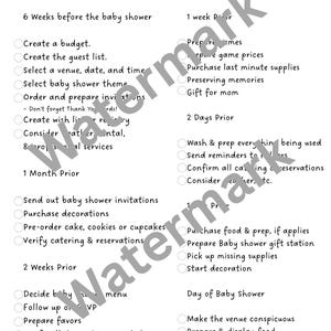 Może przedstawiać: Czarno-biała lista kontrolna baby shower z tytułem "Baby Shower Checklist". Lista podzielona jest na sekcje takie jak "6 tygodni przed baby shower" i "Dzień baby shower".