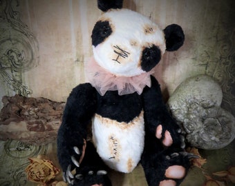 Orsacchiotto panda artista fatto a mano, orso panda peluche da collezione, panda imbottito in legno snodato, giocattolo d'arte unico, orsacchiotto con artigli animale del bosco