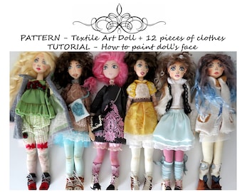 Arte Têxtil boneca PADRÃO E TUTORIAL como pintar rosto de boneca, conjunto de roupas para boneca molde de costura, boneca boudoir, boneca de pano pintada, PDF