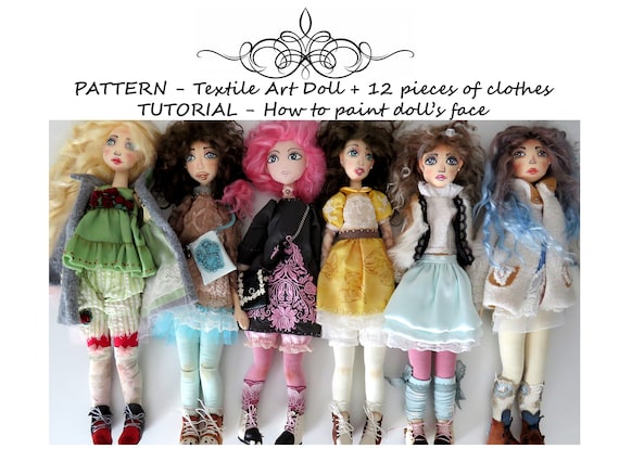 Textile Art doll PATTERN & TUTORIAL how to paint doll face, set of clothes for doll sewing pattern, boudoir doll, painted rag doll, PDF