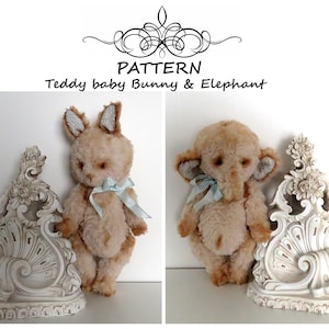 Op de afbeelding: Een patroon voor het maken van een teddybeer konijn en een teddybeer olifant. Het patroon heet "Teddy baby Bunny & Elephant". Het konijn en de olifant zijn beide beige met blauwe lint accenten.