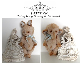 PATTERN teddy bear & elephant, stuffed plush toy sewing pattern, teddy bear sewing pattern, teddy elephant sewing pattern, artist toy, PDF