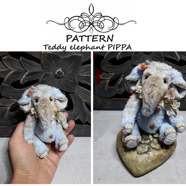 PATTERN teddy elephant, miniature plush elephant sewing pattern, collectible teddy pattern, artist teddy pattern, art toy pattern, PDF