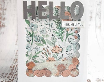 Hello Thinking of You Greeting Card | Beautiful Floral Shaker Card for Her | Envelope Included | Ready to Ship | Handmade Friendship Card