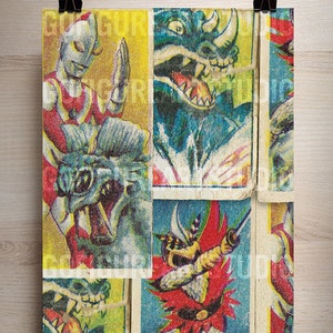 May include: A collage of vintage trading cards featuring a red and white superhero, a blue monster with horns, a red and yellow monster with a sword, and a blue and yellow monster with sharp teeth.