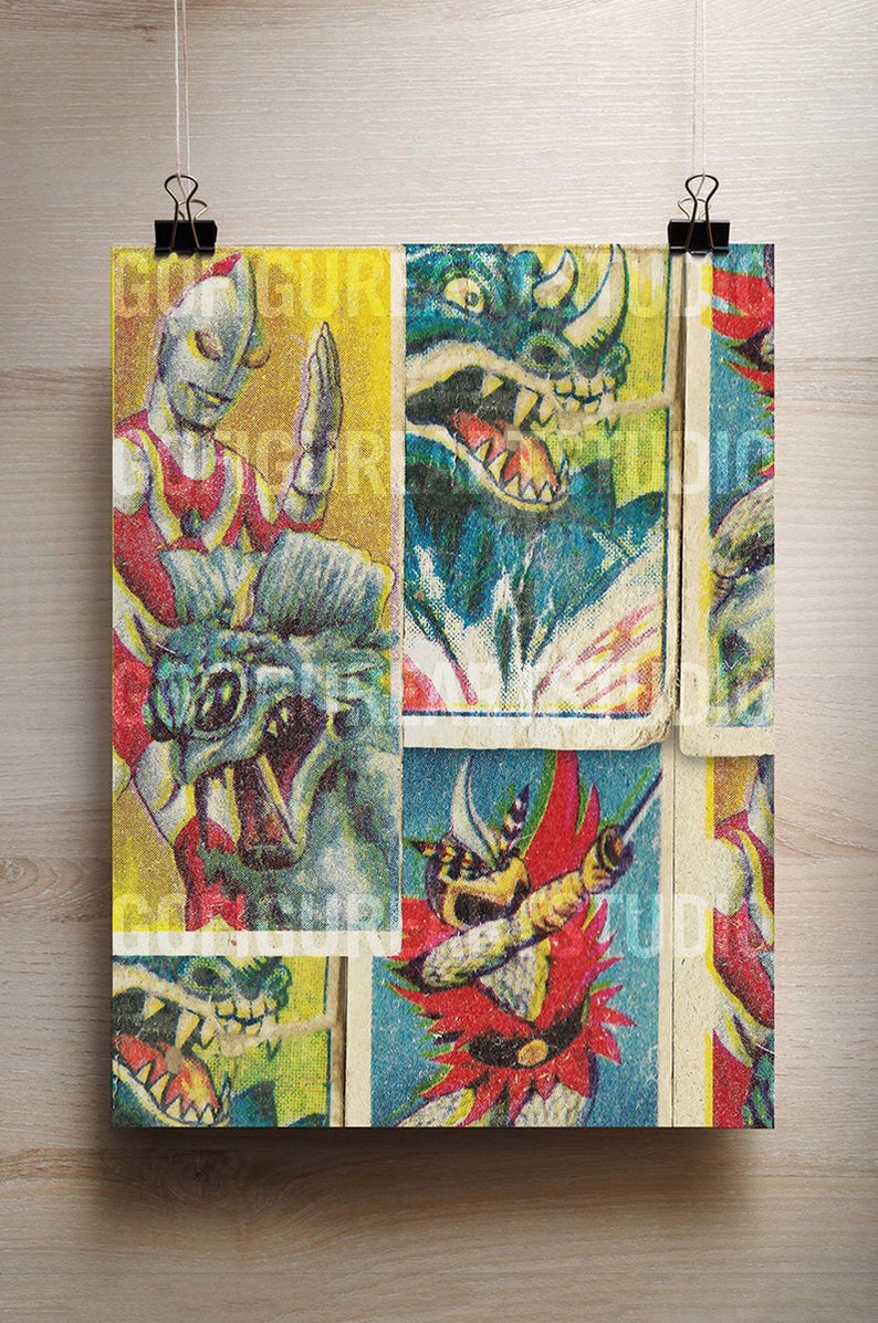 May include: A collage of vintage trading cards featuring a red and white superhero, a blue monster with horns, a red and yellow monster with a sword, and a blue and yellow monster with sharp teeth.