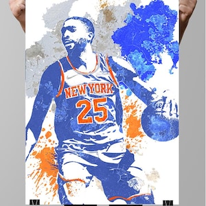 May include: A watercolor painting of a basketball player wearing a blue and orange jersey with the text "NEW YORK" and the number "25" on the front. The player is dribbling a basketball and is surrounded by blue and orange paint splatters.
