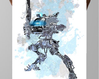 May include: A black and white illustration of a robot with a large weapon, set against a blue watercolor background.