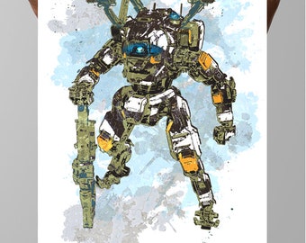 May include: A watercolor illustration of a green, white, and yellow robot with a blue eye. The robot is holding a large gun and is standing on a white background with blue and gray watercolor splatters.