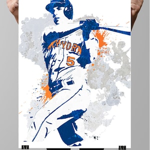 May include: A digital illustration of a baseball player wearing a blue and orange baseball uniform with the word "NEW YORK" on the front and the number "5" on the chest. The player is swinging a bat and there are blue, orange, and gray paint splatters in the background.