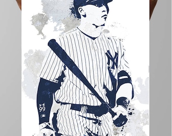 May include: A blue and white baseball player illustration with a baseball bat in hand. The player is wearing a baseball cap with the New York Yankees logo. The background is a white and gray watercolor effect.