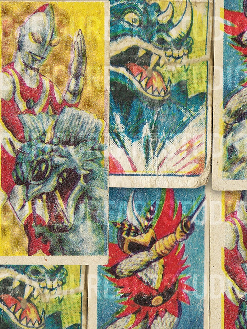 May include: A collection of vintage trading cards featuring colourful illustrations of monsters and superheroes. The cards are worn and faded, with some showing signs of age and use. The cards are arranged in a grid pattern, with each card showing a different character.
