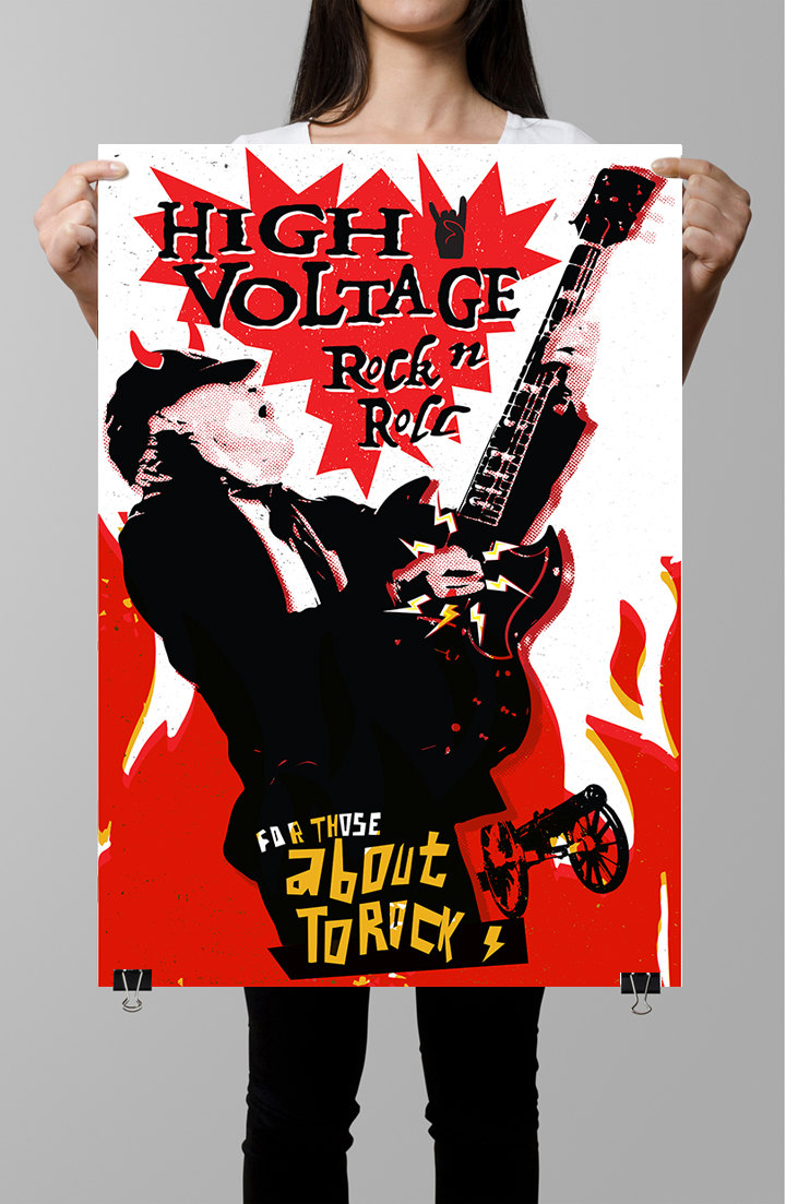 Angus Young AC/DC Tribute Poster mit roten Flammen