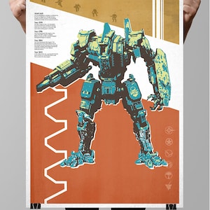 May include: A retro-style poster featuring a large, green and blue robot with a skull symbol on its chest. The robot is standing on a red and white background with text about the history of the robot. The text includes the years 2437, 2510, 2784, 2814, and 2015.