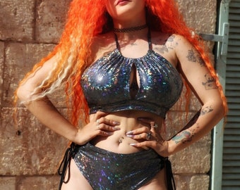Rave outfit women set , Holographic Festival Set, Rave Set, Festival Outfit