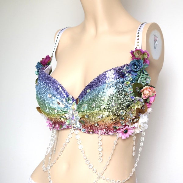 Rainbow Rave bra, Pre Made size C Rainbow Fairy Rave bra, Rainbow costume adult, Rainbow Rave outfit, Rave Wear, rave bra Rainbow EDC Outfit