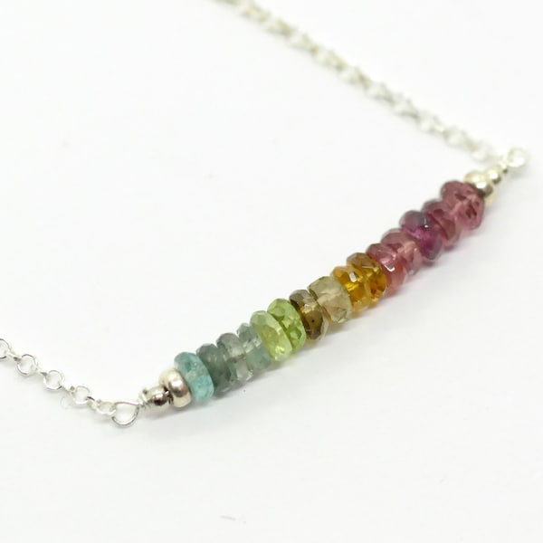 Watermelon Tourmaline necklace, Rainbow Tourmaline Necklace, Bead Bar Sterling Silver Necklace, October Birthstone. OmbreTourmaline