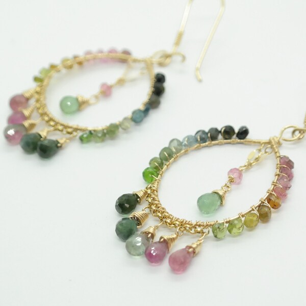 Watermelon Tourmaline Hoop Earrings, Dangle Tourmaline  Chandelier Statement Earrings, Rainbow Tourmaline Earrings